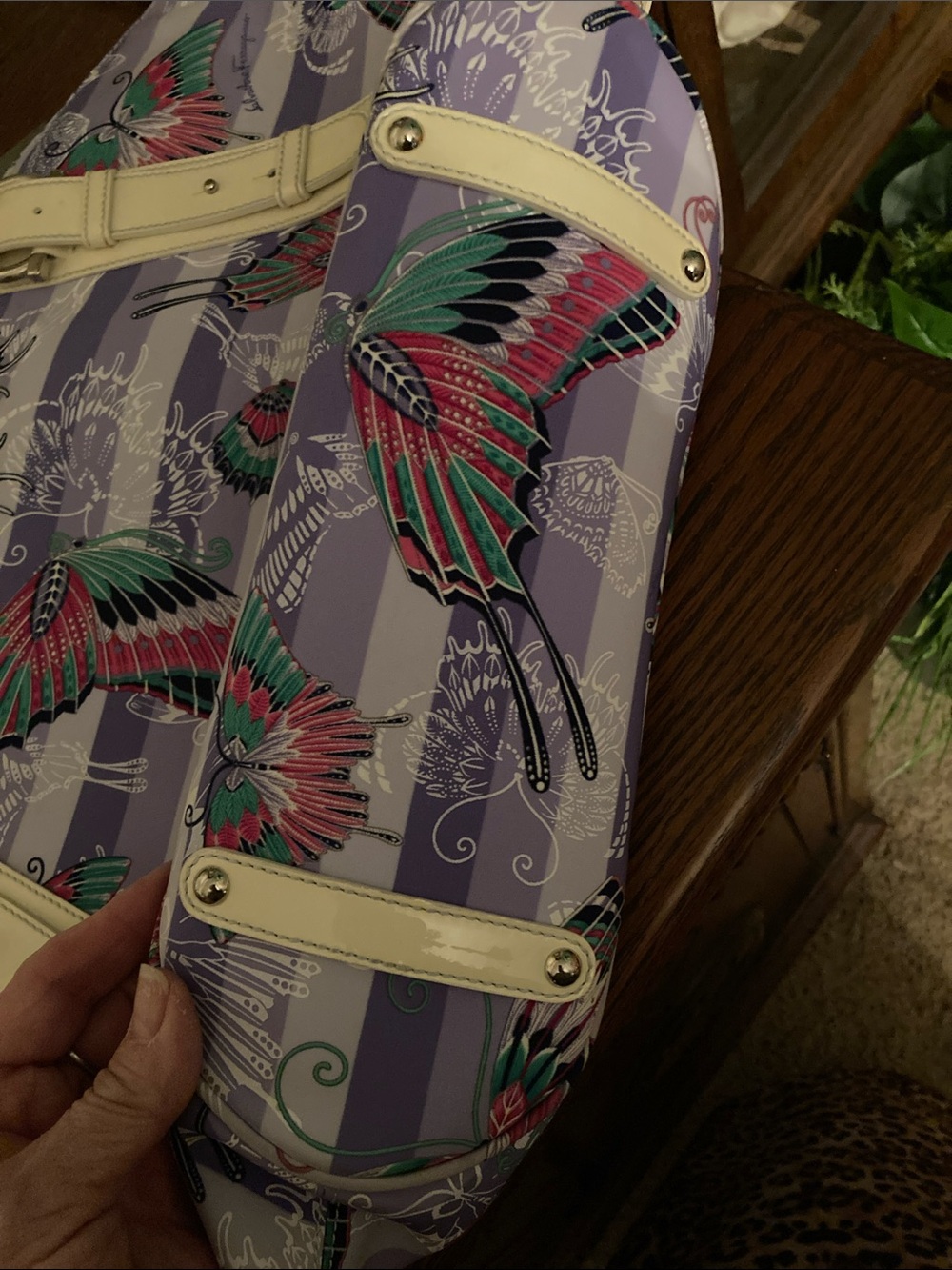 Salvatore Ferragamo Lavender & White Striped Patent Leather Buckle Shopper Tote - Picture 11 of 12